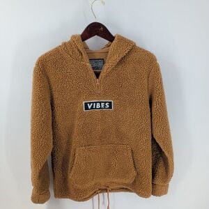Vintage 90's Brooklyn Trademark Vibes Patch 1/4 Zip Sherpa Hoodie Camel‎ Brown L
